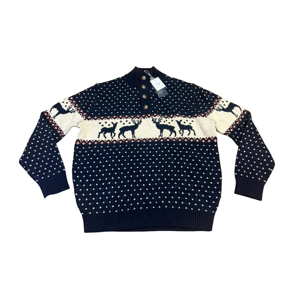 Crown & Ivy Mens Reindeer Fair Isle Sweater L Navy Blue Christmas Holiday NWT